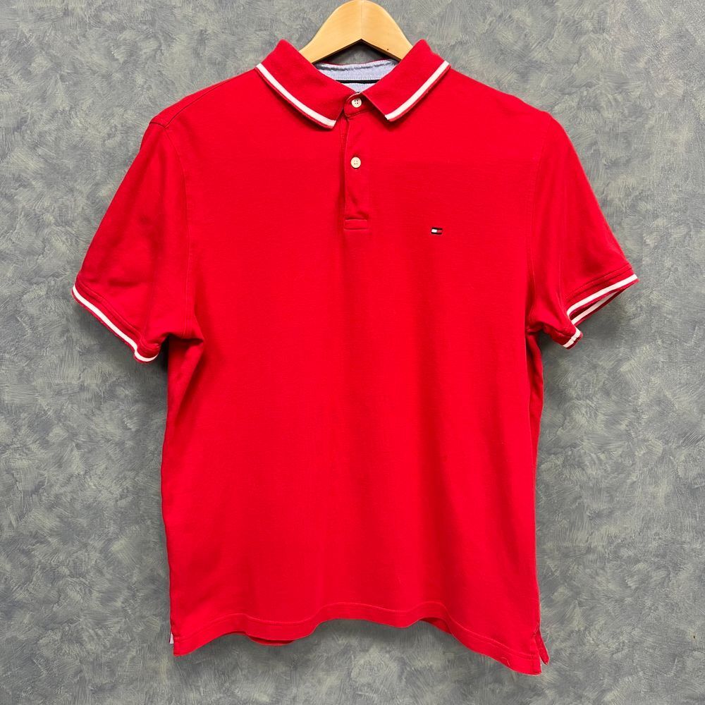 Tommy Hilfiger Red Custom Fit Polo Shirt Classic Cotton Tipped Collar Men's L/G